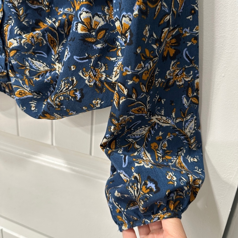 DREW Floral Patterned Blue and Gold Women's Long Sleeve Button Front Blouse - Picture 4 of 7